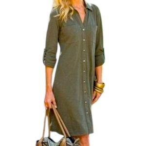 SOFT SURROUNDINGS Cotton Belted Button Down Shirt Midi Dress Size 2X Olive